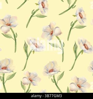 Motif floral sans couture de pivoines ivoire, anémones sur les tiges et feuilles vertes douces aquarelle peinte à la main. Fond de répétition botanique pour mariage Banque D'Images