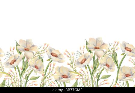 Bordure de répétition botanique avec des fleurs douces crémeuses et des feuilles vertes subtiles isolées sur blanc. Aquarelle roses sauvages et fleurs sauvages dessinées à la main pour Banque D'Images