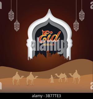 Eid Mubarak avec fond brun foncé de conception unique avec chameau, art vectoriel Illustration de Vecteur