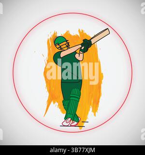 Hommes de cricket Batter jouant des coups avec des casques verts et des coussinets, des kits verts, fond noir et blanc Illustration de Vecteur