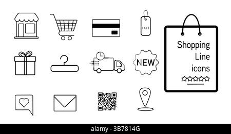 Jeu d'icônes de ligne de shopping mettant en vedette un magasin Illustration de Vecteur
