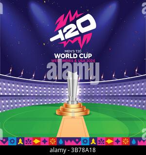 T20 World Cup Banner Pitch et Trophy avec thème Stadium Light Abstract background Illustration de Vecteur
