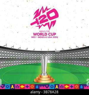 Coupe du monde T20 avec thème avec lumière de stade et Trophée ciel blanc fond abstrait Illustration de Vecteur