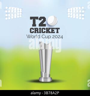 Coupe du monde T20 avec Trophy Stadium Light bat Wicket ball trophée Résumé arrière-plan Illustration de Vecteur