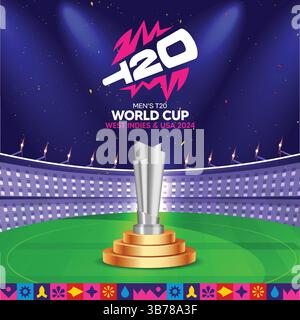 Coupe du monde T20 avec Trophée thématique stade Light bat Wicket ball trophée Résumé arrière-plan Illustration de Vecteur