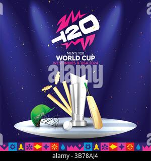 Coupe du monde T20 avec Trophée thématique stade Light bat Wicket ball trophée Résumé arrière-plan Illustration de Vecteur