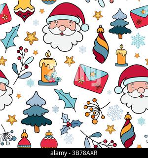 Motif de Noël dessiné à la main avec tête de Père Noël et éléments décoratifs. Motif sans couture de Noël festif pour tissu, papier d'emballage, cartes de voeux. Illustration de Vecteur