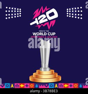 Coupe du monde T20 avec un thème avec un fond bleu et un Trophée avec un stand doré. Arrière-plan abstrait Illustration de Vecteur