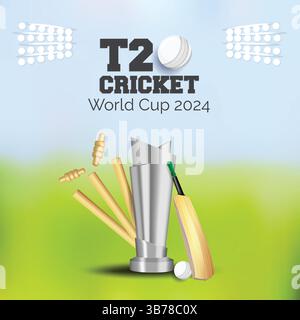 Coupe du monde T20 avec Trophy Stadium Light bat Wicket ball trophée Résumé arrière-plan Illustration de Vecteur