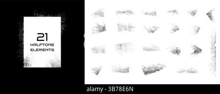 Ensemble vectoriel de 21 éléments en pointillés demi-teintes. Style pop art. Faisceau de points fanés isolé sur fond blanc. Collection de formes géométriques. Conception Illustration de Vecteur