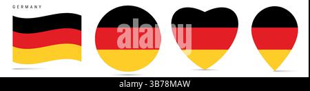 Allemagne agitant drapeau, badge autocollant cercle rond, icône en forme de coeur, épingle de carte. Boutons de drapeau allemand de différentes formes. Illustration vectorielle isolée sur Illustration de Vecteur