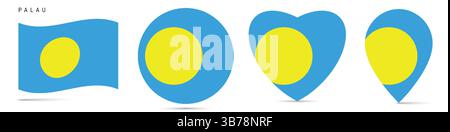 Palau agitant drapeau, badge autocollant rond cercle, icône en forme de coeur, épingle de carte. Boutons de drapeau palaosien de différentes formes. Illustration vectorielle isolée sur w Illustration de Vecteur