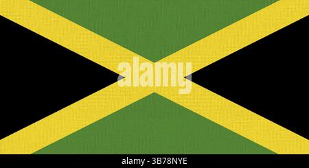 Drapeau de Jamaïque. Drapeau jamaïcain sur la surface du tissu. Texture du tissu. Drapeau national de la Jamaïque sur fond à motifs. Pays des Caraïbes. République de Banque D'Images
