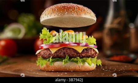 Hamburger de bœuf avec maquette de pain tombant sur fond de cuisine, rendu 3D. Ingrédients du cheeseburger avec maquette de bœuf et de légumes, vue de face. Laye Banque D'Images