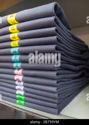 Une pile colorée de t-shirts soigneusement pliés est organisée par étiquettes de taille. L'arrangement présente différentes tailles de petit à extra-grand, créant un Banque D'Images