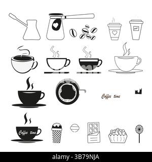 Icône de tasse à café. Symbole de boisson chaude. Pot d'infusion Cezve. Ensemble de boissons vectorielles. Illustration de Vecteur