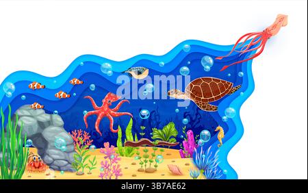 Paysage sous-marin coupé en papier de dessin animé avec des animaux marins et des poissons sur fond de vecteur de fond de récif corallien. Tortue de mer de poulpe, calmars et hippocampe charac Illustration de Vecteur