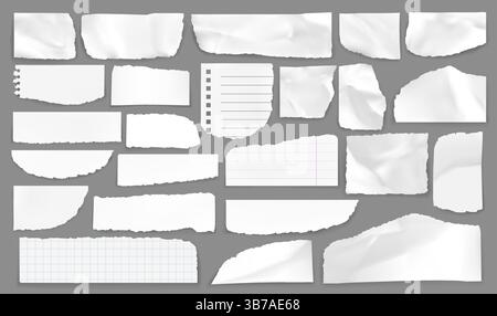 Morceaux de papier déchiré blanc. Le vecteur 3D réaliste a déchiré des rebuts vierges et des notes de scrapbook avec des lignes et des dameurs. Feuille de mémo texturée perforée et irrégulière Illustration de Vecteur