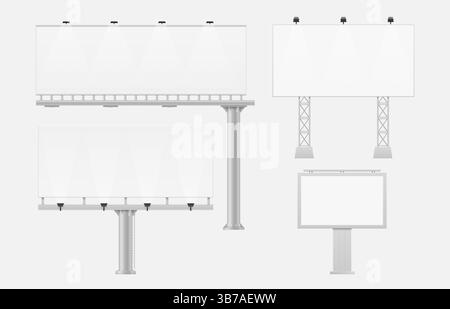 Panneau d'affichage extérieur, panneaux de médias de rue. maquettes vectorielles 3d isolées d'affichages éclairés à grande échelle pour la présentation de concepts publicitaires ou de conception. Illustration de Vecteur