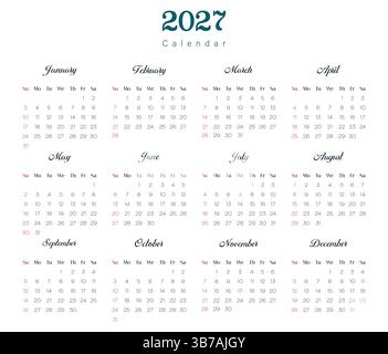 Modèle simple de planificateur de calendrier 2027 avec tous les douze mois Illustration de Vecteur