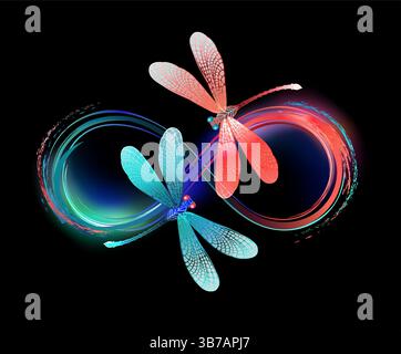 Infinity peint en néon, peinture rouge et verte, décoré de deux libellules lumineuses et contrastées avec des ailes brillantes et transparentes sur fond noir Illustration de Vecteur