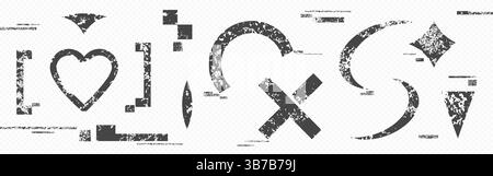 Jeu de symboles déformés glitchy - coeur, croix et formes abstraites avec texture de bruit de pixel numérique, vieux signes endommagés. Éléments de conception grunge avec interférences tv, perte de données et effets d'artefact vhs. Illustration de Vecteur