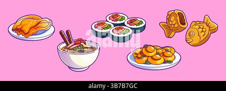 Set de nourriture coréenne - icônes de menu de plats de bande dessinée. Chou Baechu-kimchi, rouleaux de sushi kimbap, bol de nouilles épicées, biscuits en forme de poisson, jorim de betterave aux champignons shiitake. Repas asiatique traditionnel Illustration de Vecteur