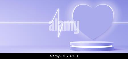 Podium de scène médicale avec cœur néon et symbole de pouls - plate-forme bleu pastel illuminée par une ligne de battement de cœur brillante. Piédestal avec traînée lumineuse du rythme cardiaque. Concept de soins de santé ou cardiologie. Illustration de Vecteur