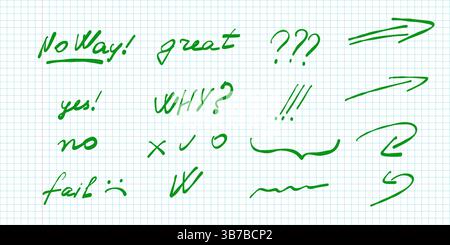 Excellent Super OK No Text Doodle Pack. Un ensemble ludique de mots de rétroaction et de phrases courtes dans un style doodle, parfait pour les autocollants numériques, l'école Illustration de Vecteur