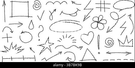 Craie griffonner des éléments dessinés à la main. Vecteur texturé crayon texturé formes d'esquisse de contour texturé, flèches, cadres, coeur Illustration de Vecteur