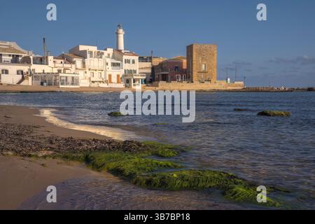De douces vagues se battent contre la plage de sable de Punta Secca, révélant des algues vertes luxuriantes tandis que le phare regarde, Sicile, Italie Banque D'Images