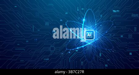 Puce ai et icône d'atome numérique abstrait sur fond de carte de circuit imprimé. Illustration de Vecteur