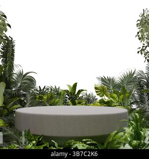 la table circulaire moderne en pierre est placée au milieu d'un éventail vibrant de plantes vertes luxuriantes et de feuillage tropical, créant une atmosphère tranquille et accueillante Banque D'Images