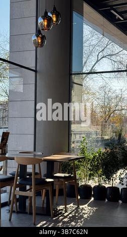 Intérieur de café moderne avec mobilier en bois et grandes fenêtres en verre baignées de lumière naturelle et de plantes vertes. Banque D'Images