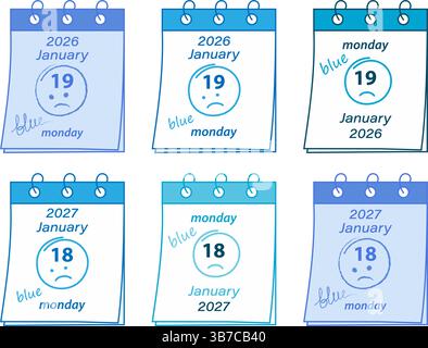 2026 19 janvier et 27 janvier 18 janvier pages de calendrier à reliure printanière avec émoticône et texte à main levée. Big Set illustration vectorielle isolée Blue Monday cartes de motivation, bannière promotionnelle, dépliants Illustration de Vecteur