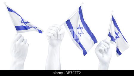 Main tenant le drapeau d'Israël. Rendu 3D isolé. Banque D'Images