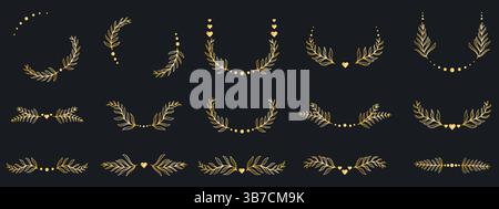 Ensemble d'éléments de décor de feuilles dorées. Magnifique feuillage botanique de luxe brillant. Brindilles courbes naturelles, éléments vectoriels Illustration de Vecteur