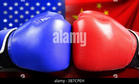 Gants de boxe rouges et bleus sur le fond des drapeaux des États-Unis ou des États-Unis d'Amérique et de la Chine. Concept des États-Unis d'Amérique contre Chine tra Banque D'Images