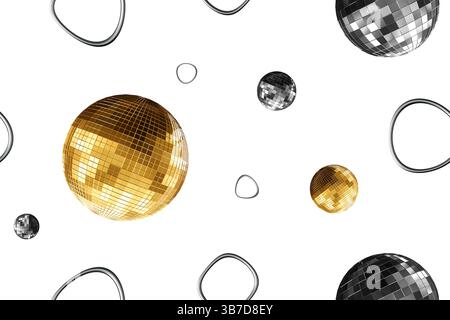 Le design présente un motif sans couture rempli de boules disco vibrantes et de formes chromées, parfait pour créer une esthétique vivante et moderne appropriée Banque D'Images