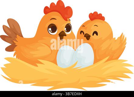 Adorables poulets de style dessin animé assis dans un nid avec des œufs, exprimant le bonheur et la chaleur, symbolisant la famille, l'amour et la vie de ferme. Cute Cartoon CH Illustration de Vecteur