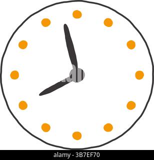 Illustration d'horloge minimaliste dessinée à la main affichant l'heure comme 8 :55, avec des aiguilles noires et des marqueurs d'heure orange dans un style simple. Illustration de Vecteur