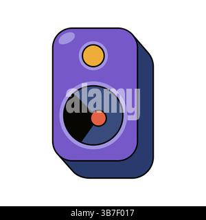 Icône vectorielle plate du haut-parleur audio. Haut-parleur rétro pop art. Son plat de dessin animé, dispositif électrique de musique pour système stéréo. Amplificateur et accessoire de basses pour la fête et le divertissement. Multimédia musical. Illustration de Vecteur