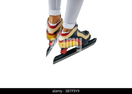 patineur de vitesse masculin jambes en costume de peau blanche, découpé sur fond blanc Banque D'Images