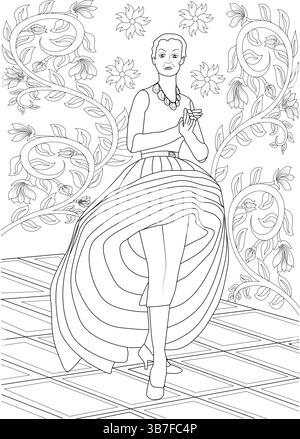 Illustration détaillée d'art de ligne noir et blanc d'une femme modelant une robe de style classique des années 1950 avec une jupe pleine, superposée. L'image présente un décora Illustration de Vecteur