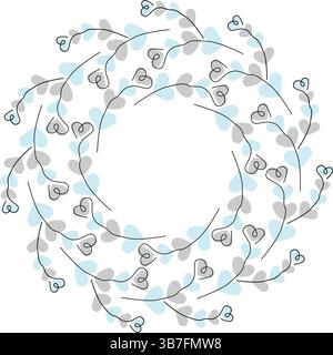 Branches en forme de coeur sur les taches en forme de coeur bleu et gris cadre circulaire bordure Copier espace modèle. Illustration vectorielle isolée cartes de vœux thématiques invitation, affiches ou bannières Web promo, dépliants Illustration de Vecteur