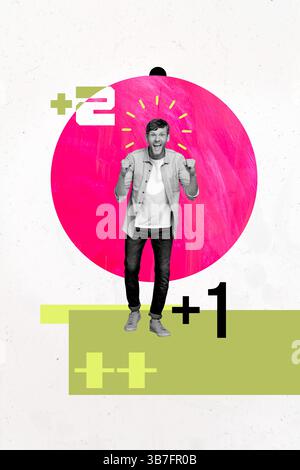 Collage photo d'esquisse créative d'illustration de tendance de jeune homme excité stand sourire numéros deux plus un recrutement d'entrepreneur de bureau vacant. Banque D'Images
