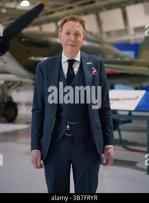 Michael Newman OBE, directeur général de l’Association des réfugiés juifs (AJR), s’adressant à PA Media, alors que survivants de l’Holocauste, réfugiés et descendants assistent à une célébration spéciale avec l’Association des réfugiés juifs (AJR) au musée de la RAF, au nord-ouest de Londres, pour marquer le 80e anniversaire de la Journée VE. Date de la photo : mardi 6 mai 2025. Banque D'Images