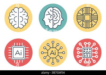 L'image affiche six icônes rondes, chacune présentant des concepts liés à l'intelligence artificielle et au cerveau humain, y compris un cerveau autonome et Illustration de Vecteur
