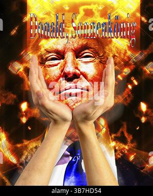 Image symbolique, Donald Sun King, Donald Trump se voit comme un dirigeant au-dessus de la loi, la démocratie américaine en danger, le chantage politique, l'UE et l'Allemagne en dessous Banque D'Images