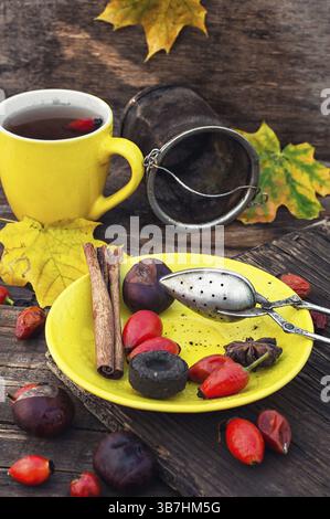 Nature morte avec tasse de thé jaune, sipontum, feuilles et châtaignes Banque D'Images